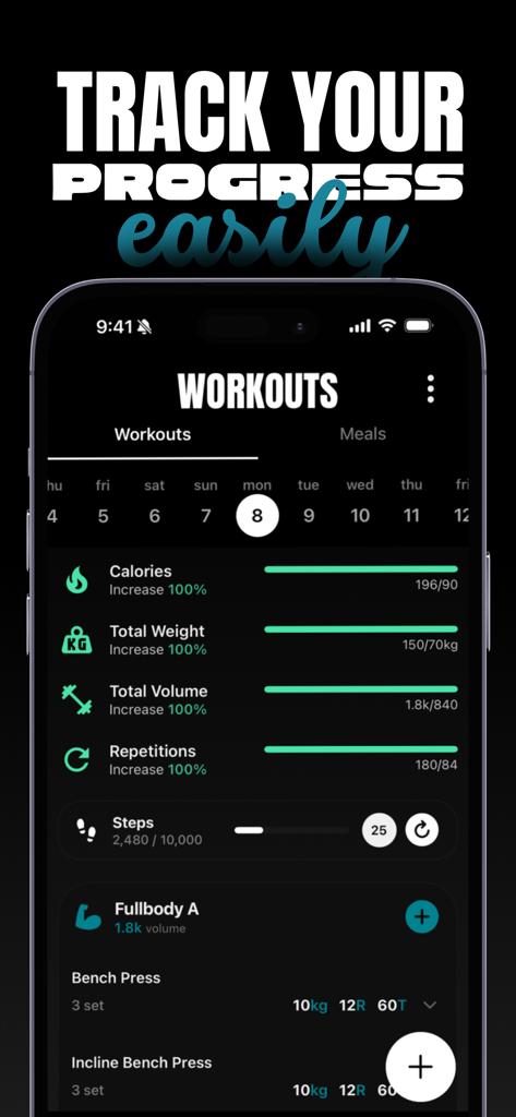 カロリー、総重量、エクササイズログを表示する Fitfolio アプリのワークアウト追跡ダッシュボード。
