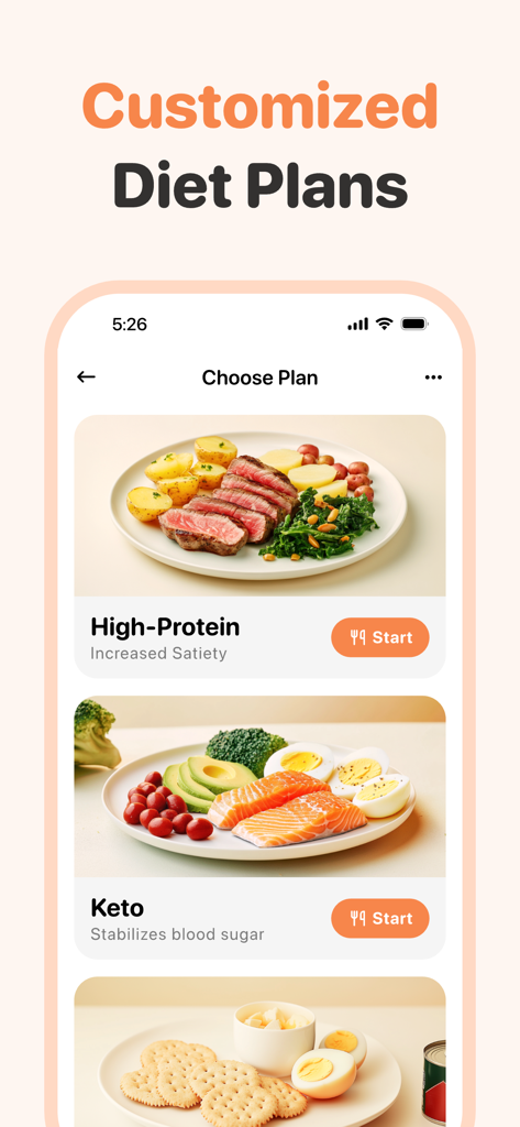 Calorie Counter AI: Food Cam - Interfaccia dell'app mobile di Calorie Counter AI che mostra opzioni di piani dietetici personalizzati come Iperproteico e Keto con immagini dei pasti.