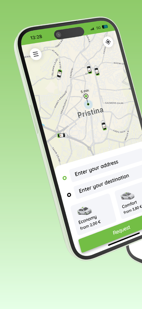 Tesla Taxi Kosova - Tesla Taxi Kosova mobile app interface showing a map of Pristina with available taxis and ride options like Economy and Comfort