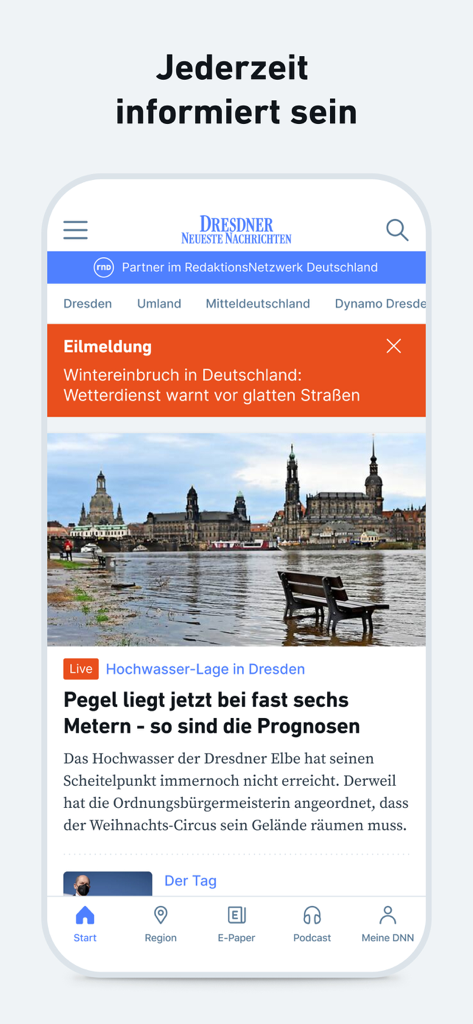 La schermata principale dell'app di notizie DNN che mostra titoli e notizie locali per Dresda.