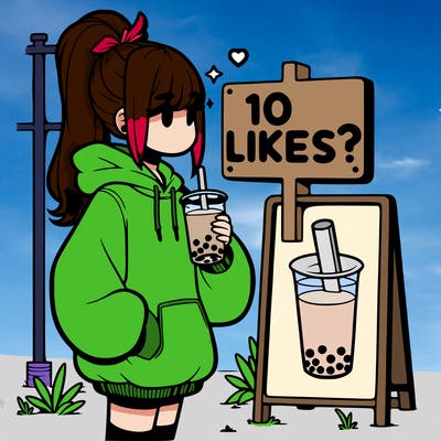 girl with oversized hoodie drinking boba and she has a high ponytail with a sign that says 10likes?
