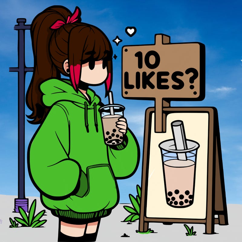 girl with oversized hoodie drinking boba and she has a high ponytail with a sign that says 10likes?