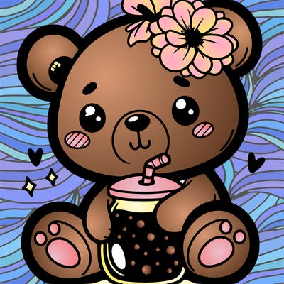 an adorable bear with black outlines only and holding a black outline boba with a flower on its ear