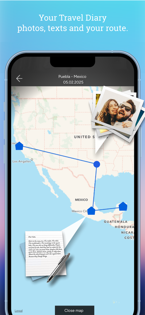 Tripmii - Travel Diary - Tripmii app screen showing a travel itinerary map with photos and notes