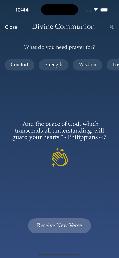Jesus Chat - Interfaz de la aplicación Jesus Chat que muestra la pantalla de Comunión Divina con un versículo bíblico de Filipenses y categorías de oración como Consuelo y Fortaleza