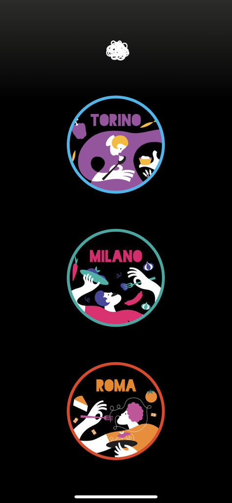 Pecora Nera - 페코라 네라 앱 도시 선택 화면, 토리노, 밀라노, 로마 도시 가이드에 대한 스타일화된 아이콘 포함
