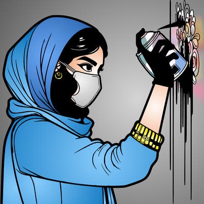 realistic girl with mask spray painting a wall