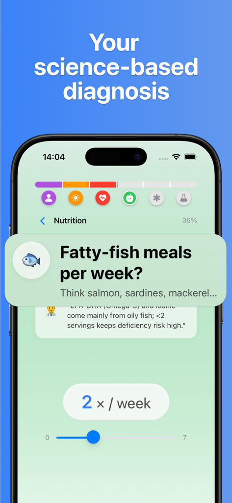 Supplements AI app interface showing a science-based nutrition questionnaire for fatty fish intake