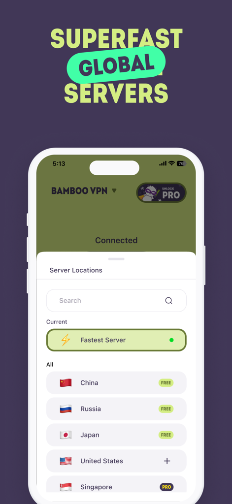 BambooVPN - Secure VPN Proxy - BambooVPN app interface showing a list of superfast global server locations like USA and Japan