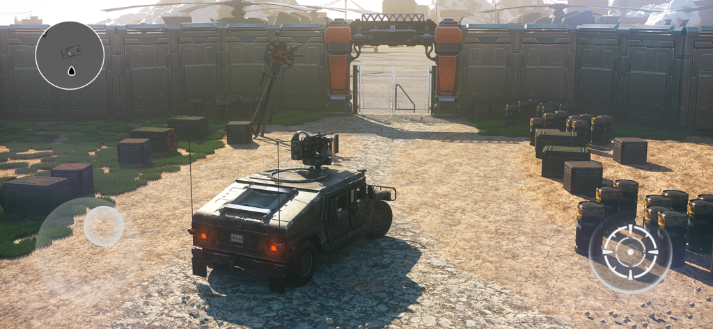 Evolution 2: Battle for Utopia - A military vehicle parked inside a fortified base with supply crates in Evolution 2 Battle for Utopia