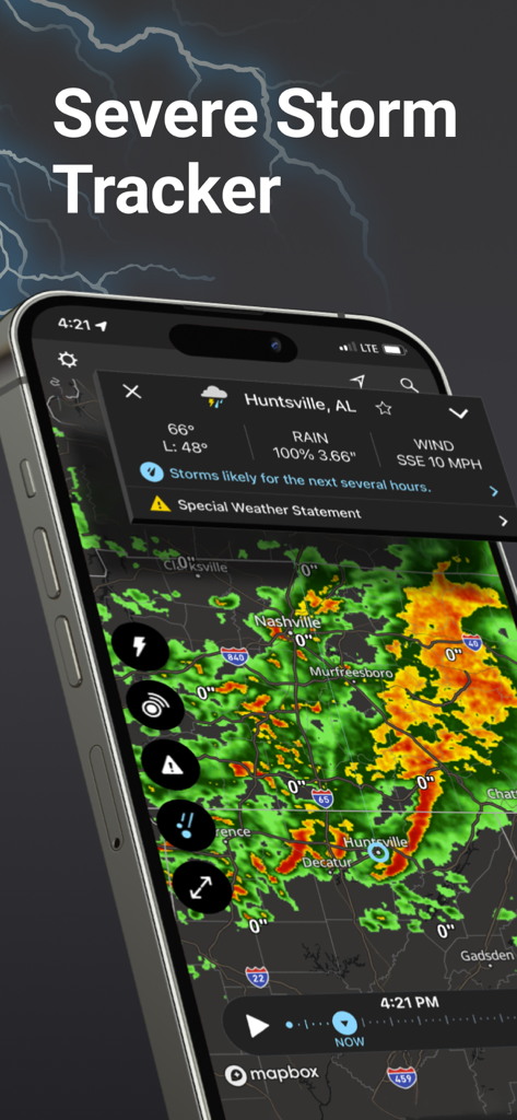 Storm Radar: Weather Tracker - Mapa rastreador de tormentas severas en un teléfono móvil que muestra datos de radar meteorológico de alta resolución y alertas para Huntsville Alabama