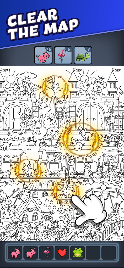 Triple Match City - Mobile-Spiel-Screenshot von Triple Match City, der einen Spieler zeigt, der versteckte Schweine auf einer komplexen Strichzeichnungen-Karte findet