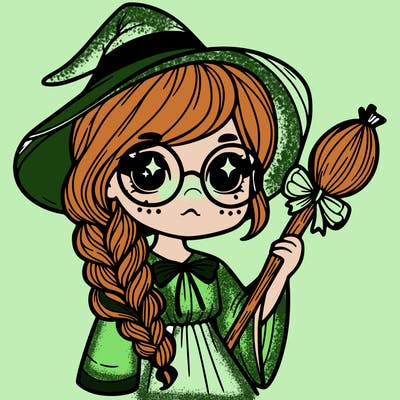 a witch with a braid and two glasses