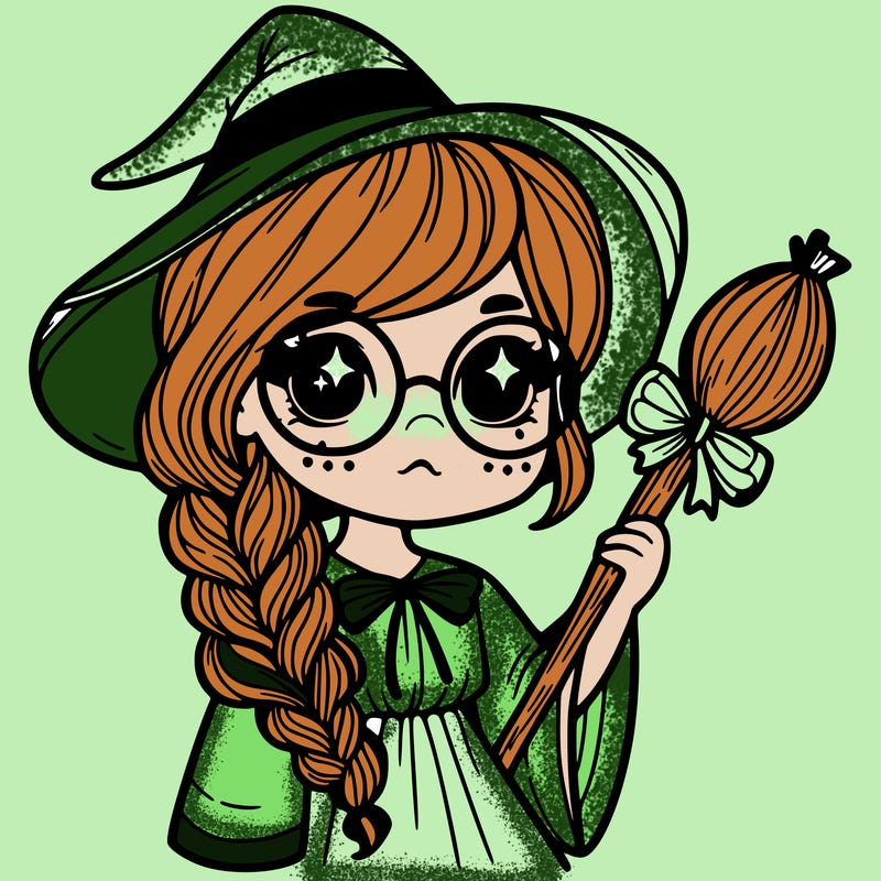 a witch with a braid and two glasses