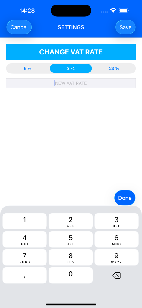 VAT Calculatorアプリの設定画面、カスタム税率を変更および入力するオプションを表示