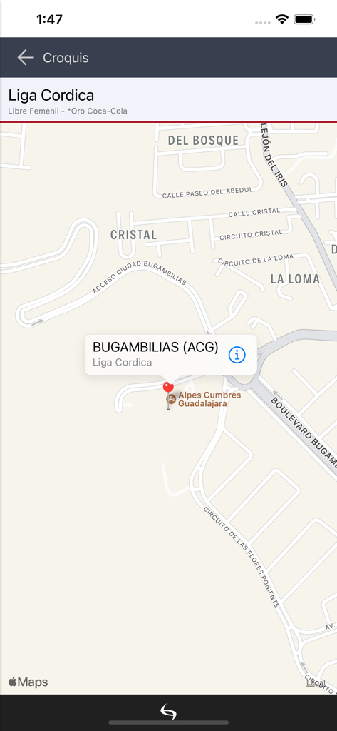 Cordica - Map view in the Cordica app showing the soccer field location for Bugambilias