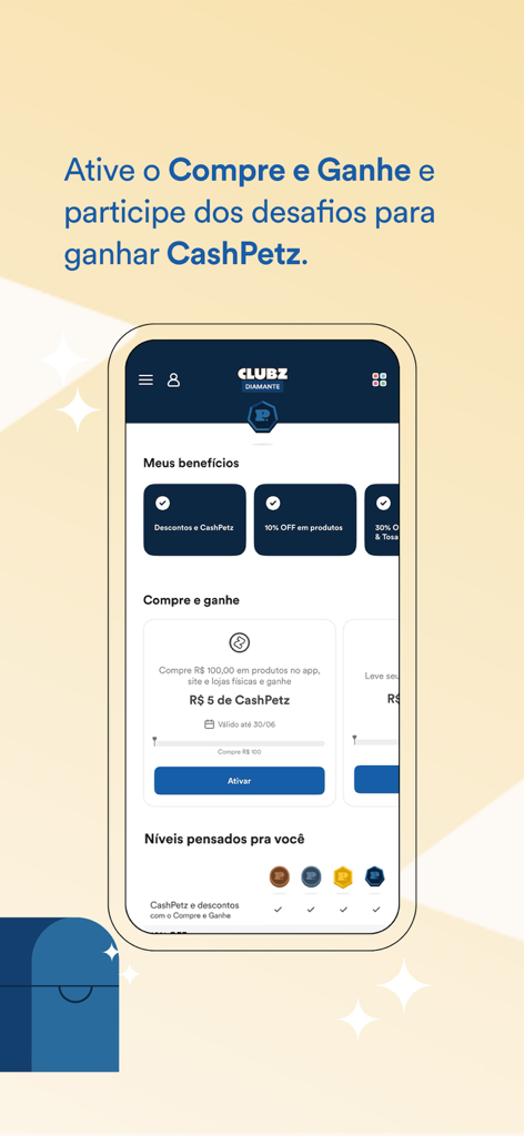 Écran de l'application mobile Petz affichant le programme de fidélité Clubz et les récompenses de cashback CashPetz.