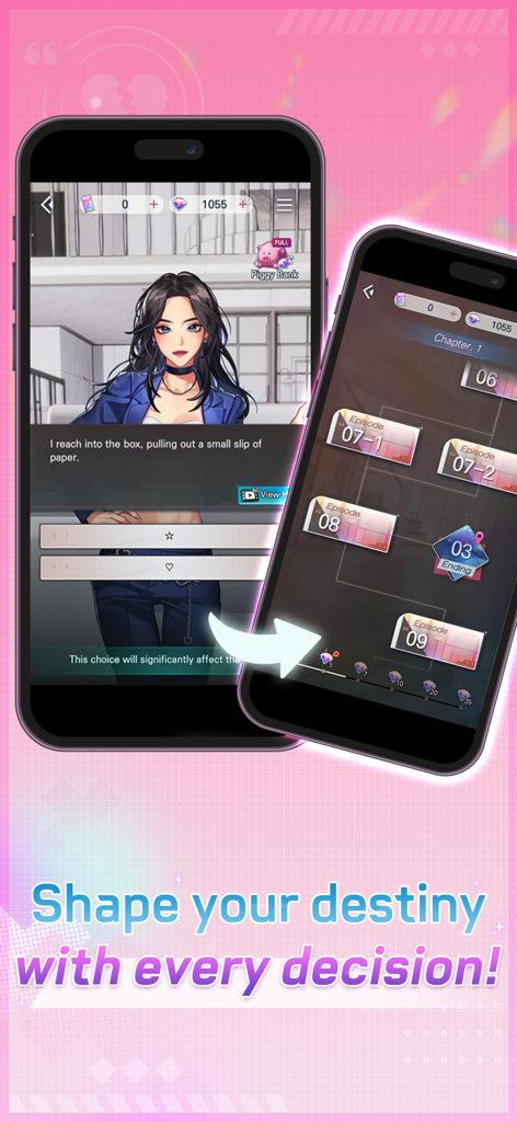 Couple Breaker: Romance Otome - カップルブレイカー ロマンスゲームのインターフェース。ストーリーの選択肢とチャプター進行マップが表示されている。