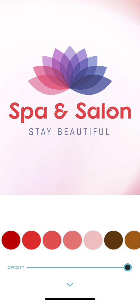 Logo Maker - Logo Design Shop - Logo Maker app interface showing a lotus flower logo for a spa and salon with color palette and opacity tools