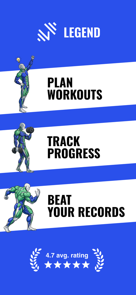 Gym Log Workout Tracker LEGEND - Características de la aplicación rastreadora de registros de gimnasio Legend, que incluyen planificar entrenamientos, rastrear el progreso y superar tus récords