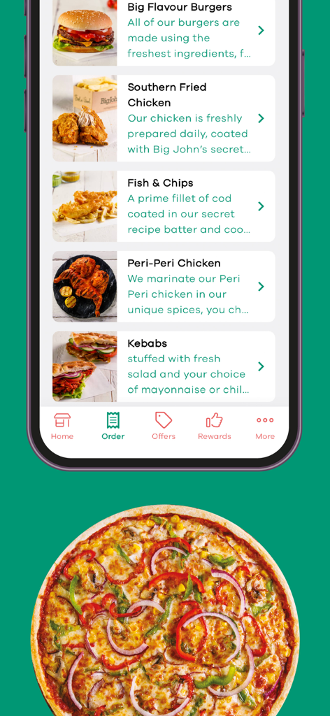 Big Johns - Big Johns mobile app screen showing food categories like burgers, fried chicken, fish and chips, and a vegetable pizza