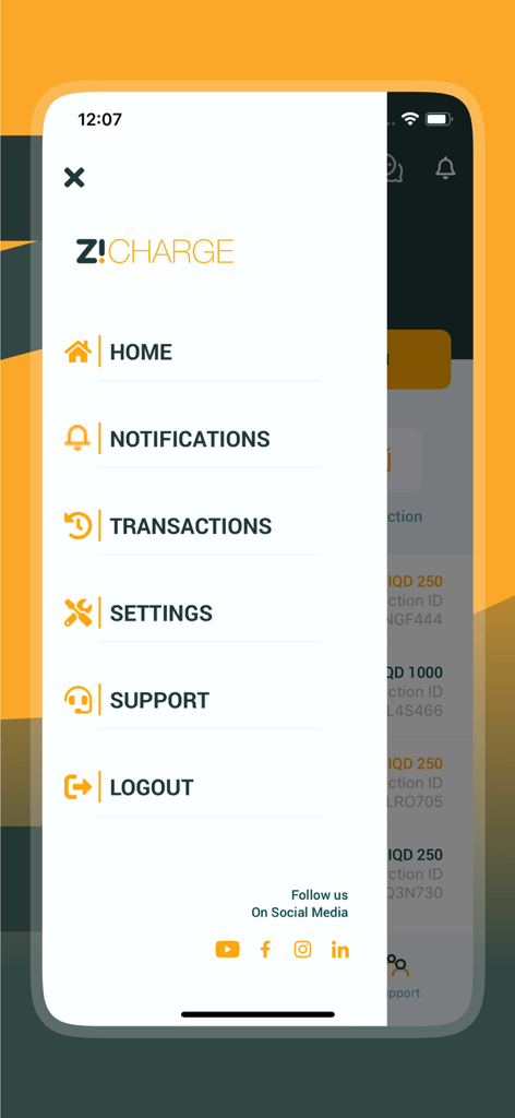 ZiCharge - ZiCharge mobile app side menu showing navigation options including Home Transactions and Settings