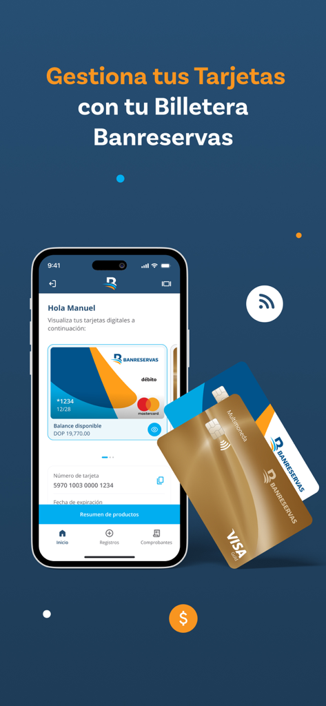 Banreservas - Interface du portefeuille numérique de l'application mobile Banreservas montrant les cartes bancaires sur un iPhone