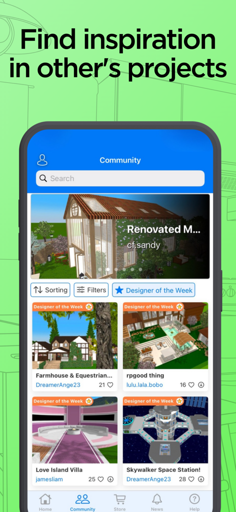 Feed da comunidade do aplicativo Home Design 3D apresentando projetos de design de casas e interiores criados por usuários