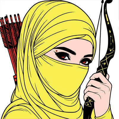 realistic muslim woman face covered holding a bow and arrows
