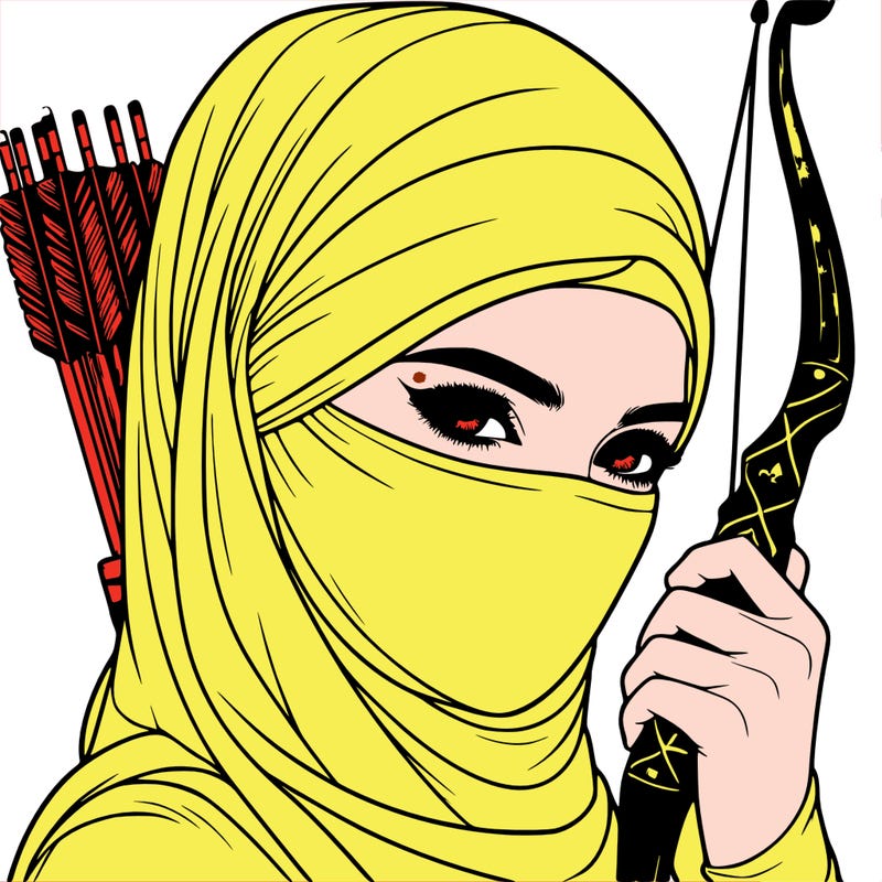 realistic muslim woman face covered holding a bow and arrows