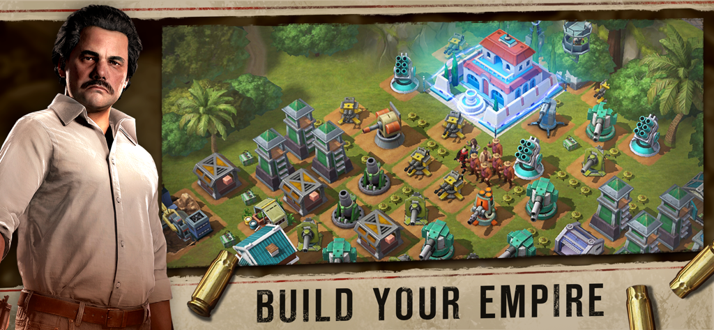 Isometric view of a jungle base with defensive towers and processing plants next to El Patron in Narcos Cartel Wars.