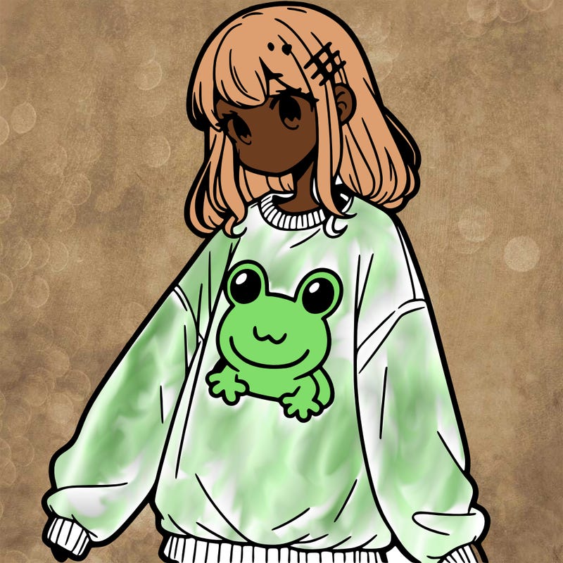 girl wearing frogging sweatshirt