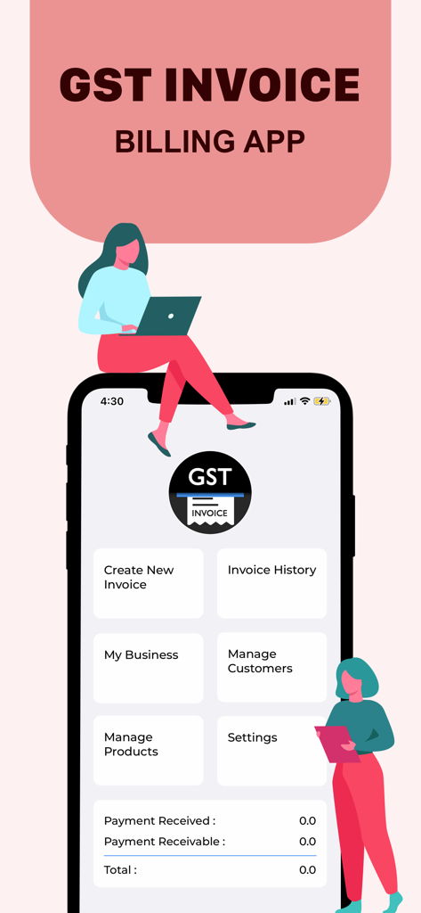 GST invoice and Bill Maker App - Dashboard of the GST Invoice and Billing App showing options for creating invoices, managing customers, and tracking payments.
