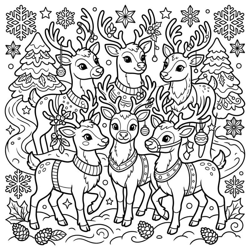 Bring holiday magic to life with this charming coloring page featuring a cheerful herd of reindeer. Designed for kids aged 4-8, it offers clear lines and adorable details perfect for festive fun.