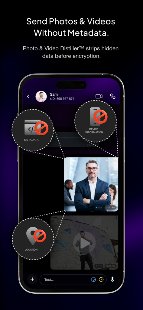 xPal app interface showing the Photo and Video Distiller feature stripping metadata and location data from shared media.