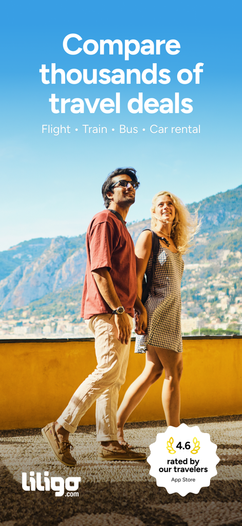 Screenshot dell'app Liligo che mostra una coppia in vacanza con testo sul confronto di offerte di voli, treni, autobus e auto a noleggio