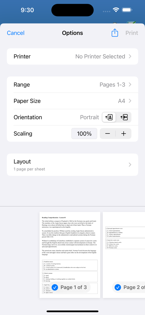 English Reading + - Interface showing print settings and page previews for a reading comprehension lesson in the app.