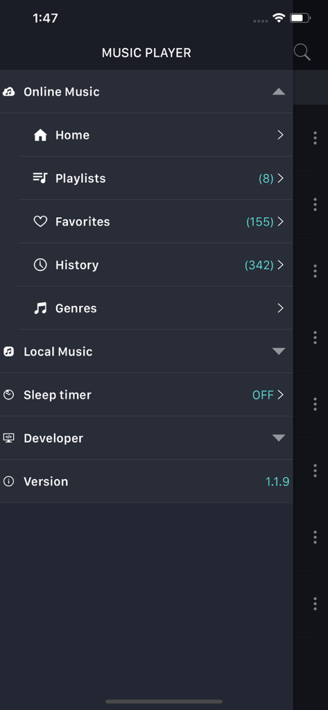 MusicOZ: Music player - Menú de navegación lateral de la aplicación reproductora de música MusicOZ que muestra música en línea y opciones de listas de reproducción