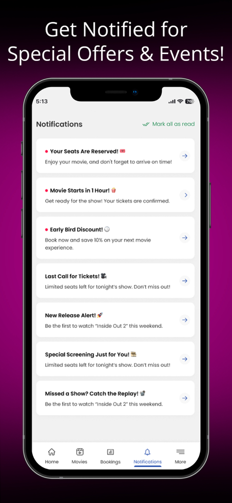iPhone screen showing the Santikos app notifications list with movie alerts and special offers.