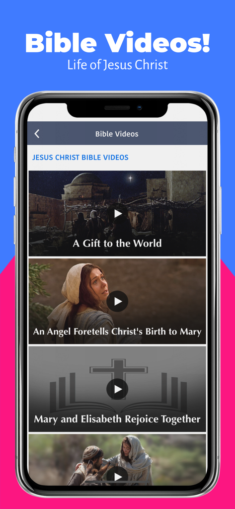 Nueva Traducción Viviente - Pantalla de la app móvil mostrando una lista de videos bíblicos sobre la vida de Jesucristo.