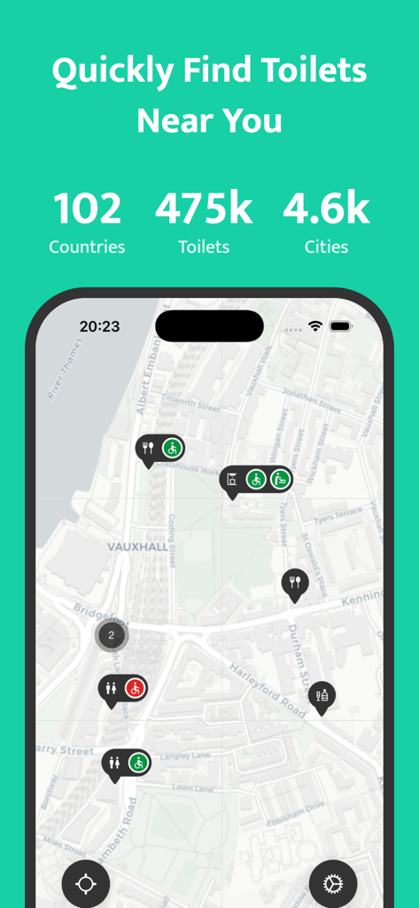 A map interface showing nearby public restroom locations with icons for wheelchair accessibility and baby changing facilities