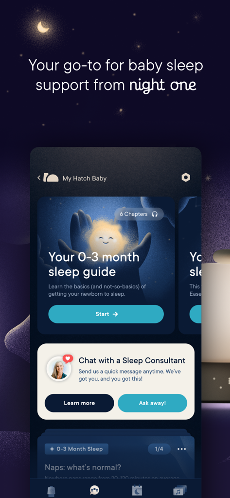 신생아 수면 가이드 및 수면 컨설턴트와의 채팅 기능을 보여주는 Hatch Sleep 앱 인터페이스
