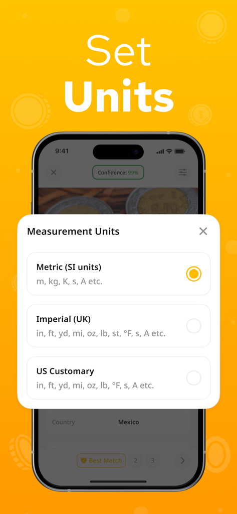 Coin Identifier - Coinum - Bildschirm zur Auswahl der Maßeinheiten in der Coinum App mit Optionen für Metrisch, Imperial und US Customary.