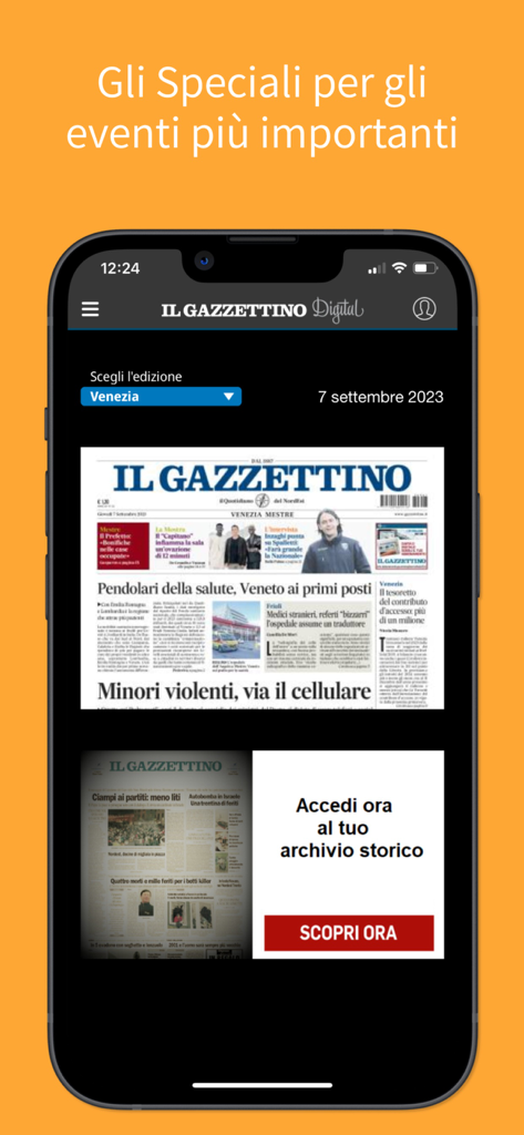 Il Gazzettino - Il Gazzettino app interface displaying newspaper editions and access to historical archives