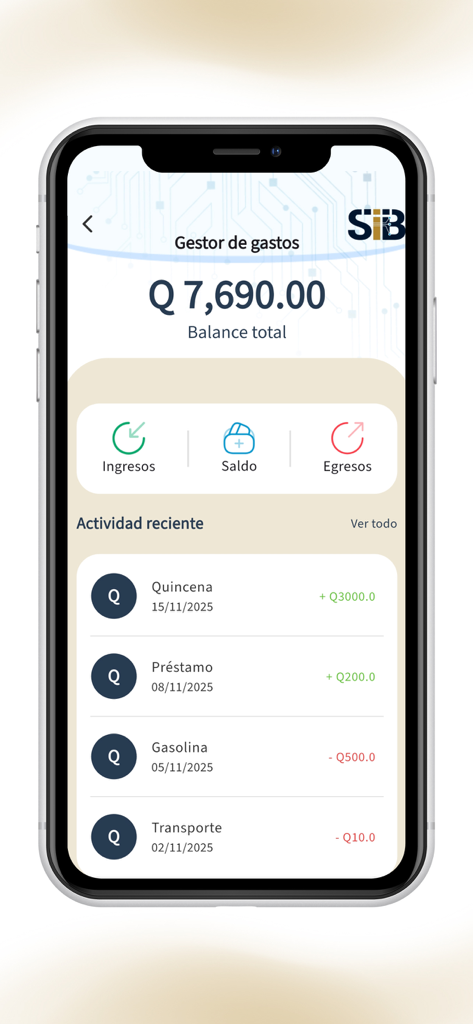 SIB Guatemala - Screenshot of the SIB Guatemala app showing the expense manager with total balance and recent transaction history