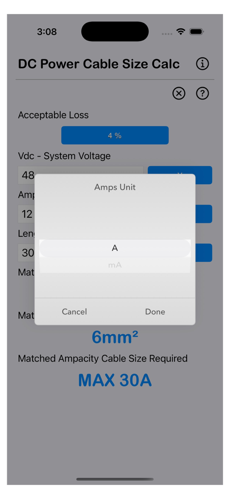 DC Power Cable Size Calc app interface showing a unit selection pop-up for Amps over system voltage and length calculation inputs.