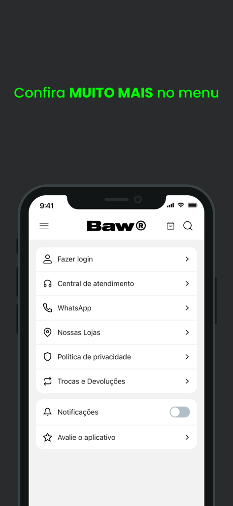 Menú de la aplicación de ropa BAW que muestra opciones de navegación como iniciar sesión, soporte y notificaciones.
