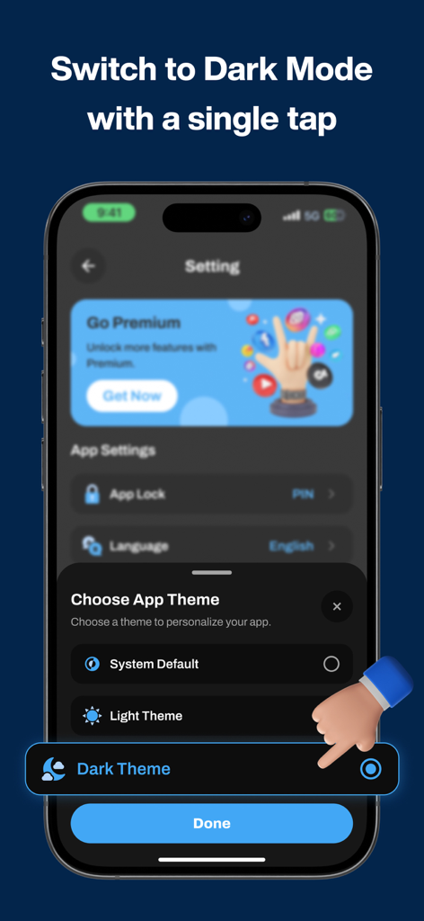 Dual Space : Parallel Accounts - Dual Space 앱의 다크 모드 선택 화면을 보여주는 스크린샷