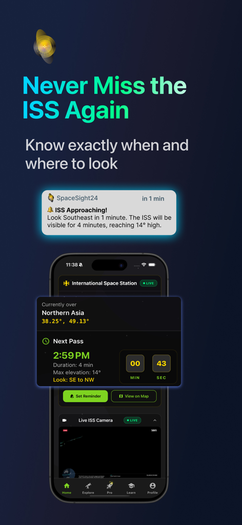 SpaceSight24 ISS & Starlink - SpaceSight24 mobile app interface for International Space Station tracking with flyover alerts and live camera feed