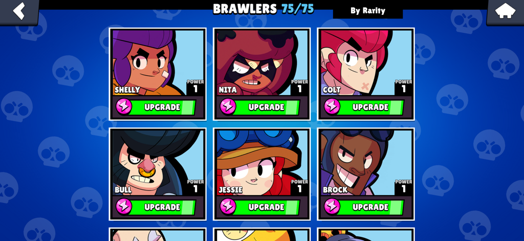 A screen from Box Simulator Brawl Stars showing a grid of unlocked brawlers including Shelly, Nita, and Colt with upgrade buttons